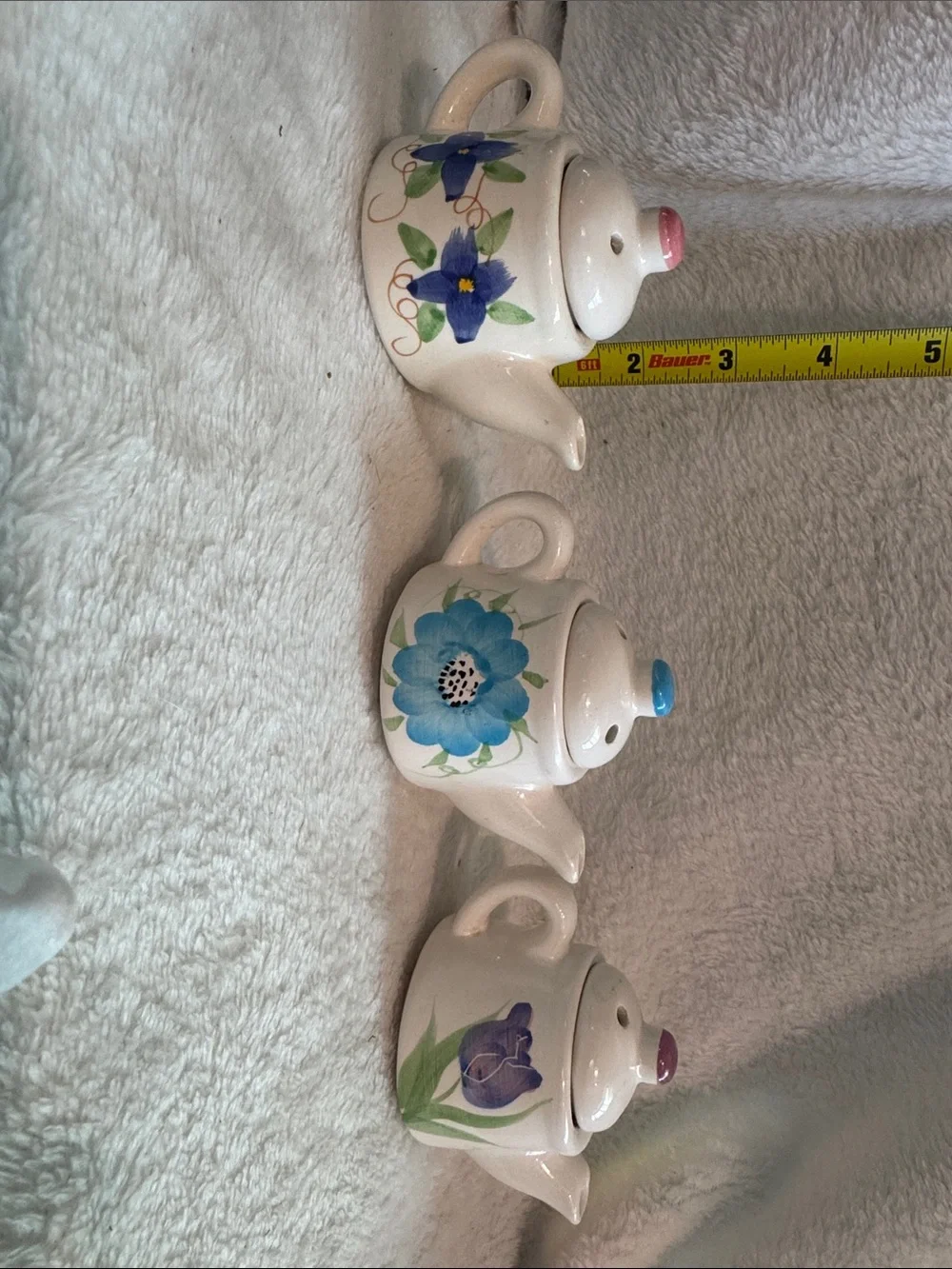 Bauer White Ceramic Mini Teapot Trio with Blue and Purple Floral Accents